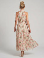 Aurelle floral midi dress, halter open-back style, cinched waist, full pleated hem