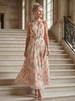 Aurelle floral midi dress with halter neck, gathered high neckline, pleated skirt