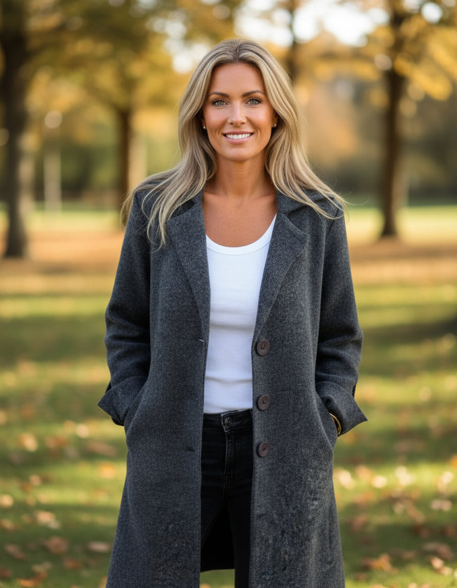 Dark gray long cardigan coat with button front and two side pockets