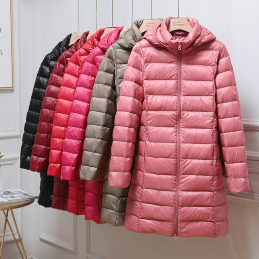 Pink ultralight down jacket with full-zip and hood