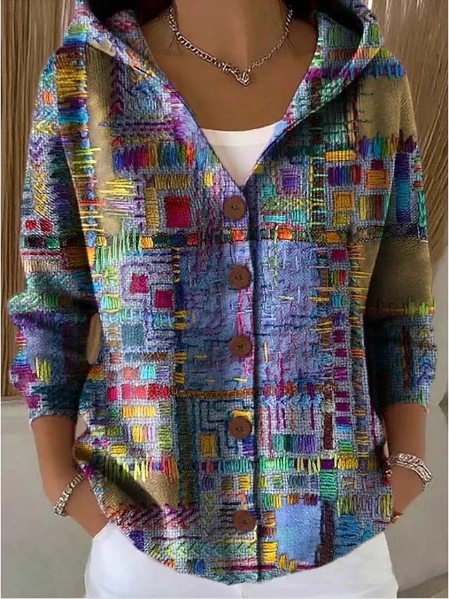 Multicolor hooded cardigan with abstract square pattern and button front