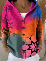 Pink and blue hooded cardigan with orange abstract floral and button front
