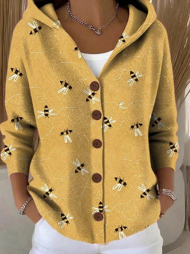 Yellow hooded cardigan with small bee print and button front