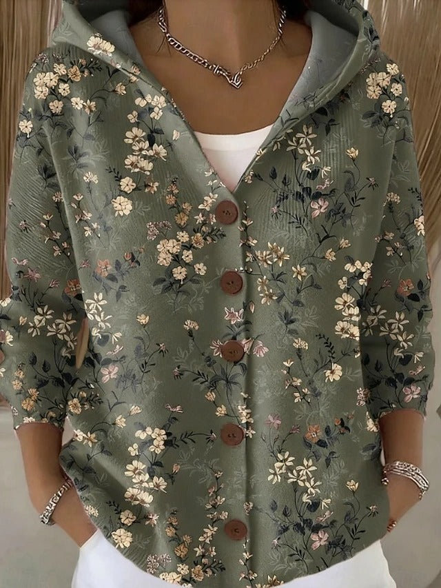 Olive-green hooded cardigan with small floral print and brown button front