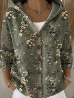 Olive-green hooded cardigan with small floral print and brown button front