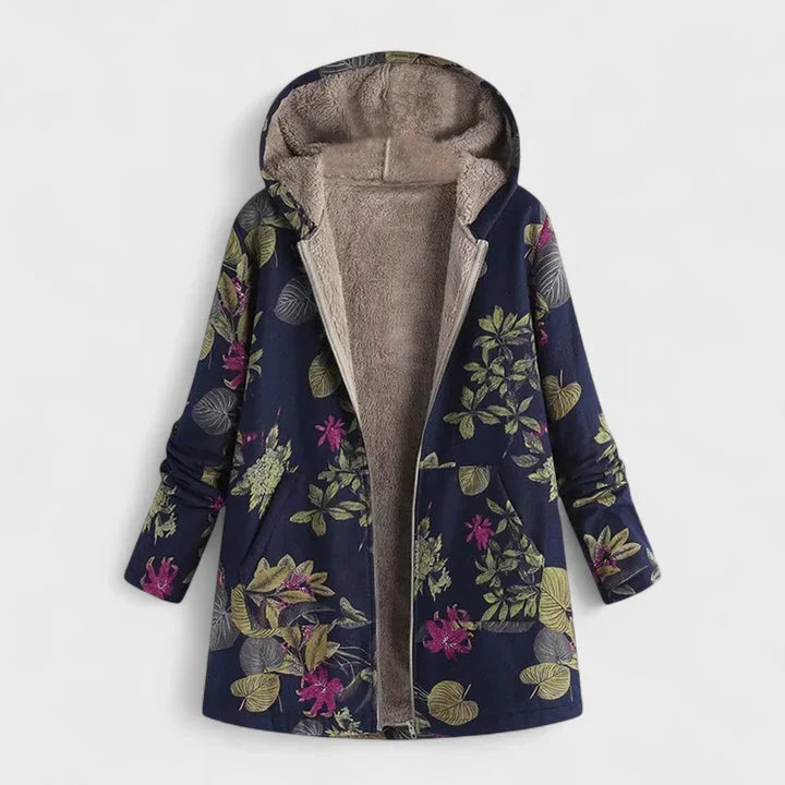 Hooded parka in dark blue with colorful leaf floral print, zip-front, fleece-lined hood