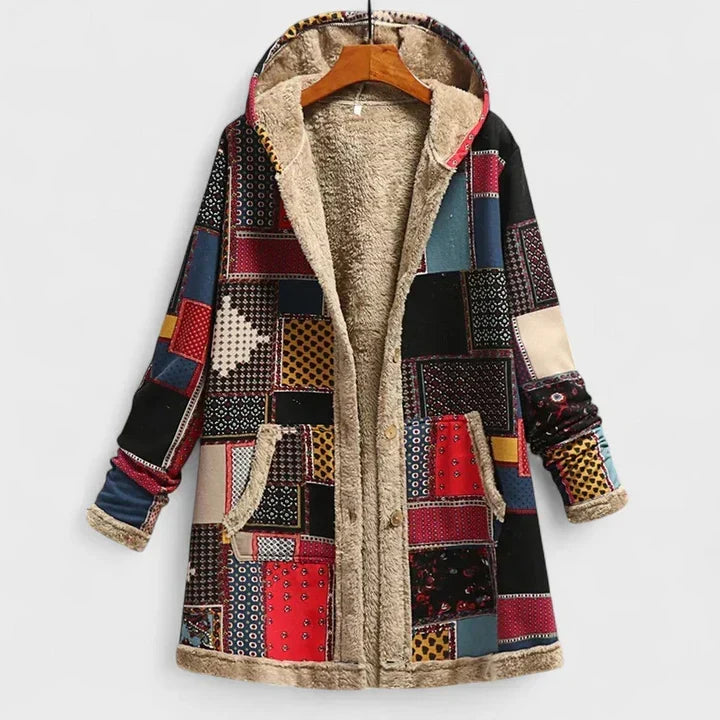 Hooded parka with multicolor patchwork blocks, zip-front, and beige fleece lining