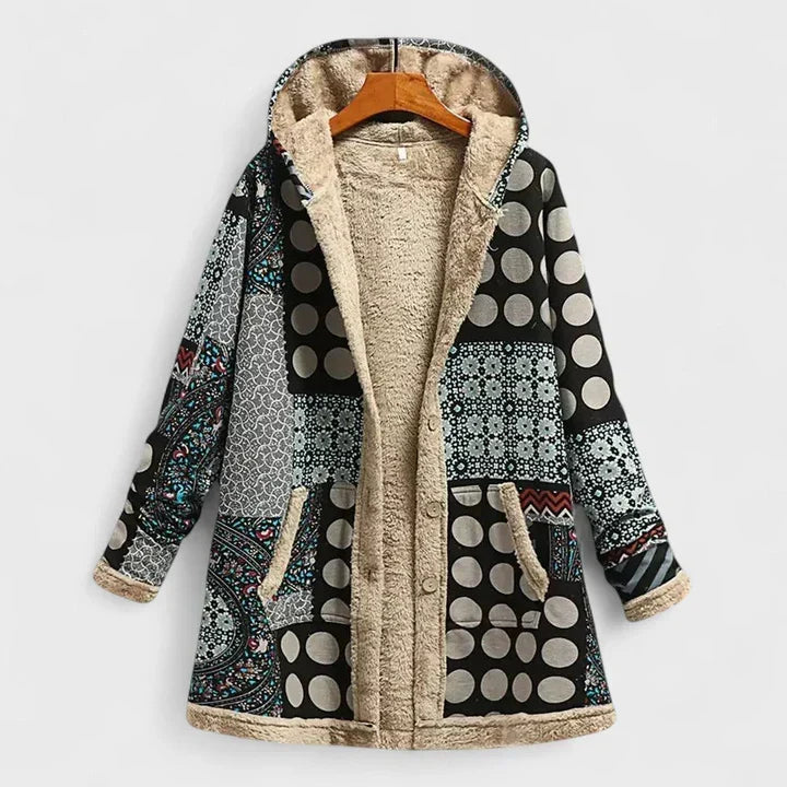 Hooded parka with black-and-white geometric spots and beige fleece lining