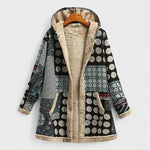 Hooded parka with black-and-white geometric spots and beige fleece lining