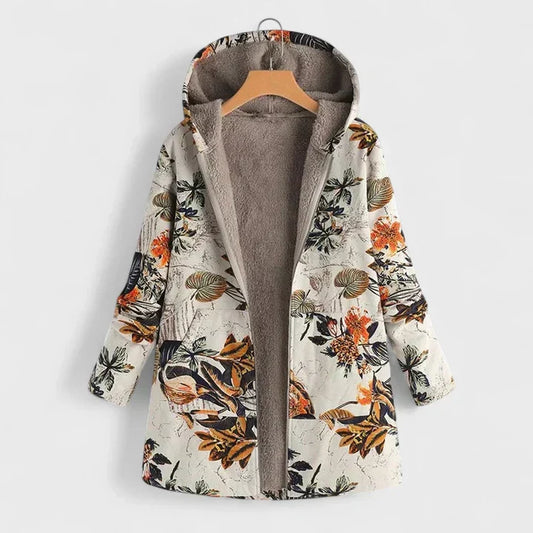 Hooded parka with beige floral print, zip-front, and grayish fleece lining