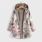 Hooded parka with light floral print, front zipper, and warm gray fleece hood lining