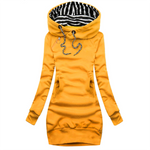 Yellow hooded sweater dress with black-and-white striped hood lining and drawstring