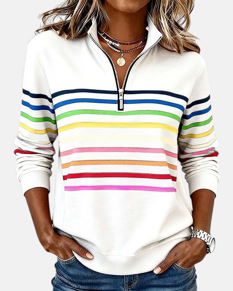 White quarter-zip sweatshirt with rainbow horizontal striped bands on chest and sleeves