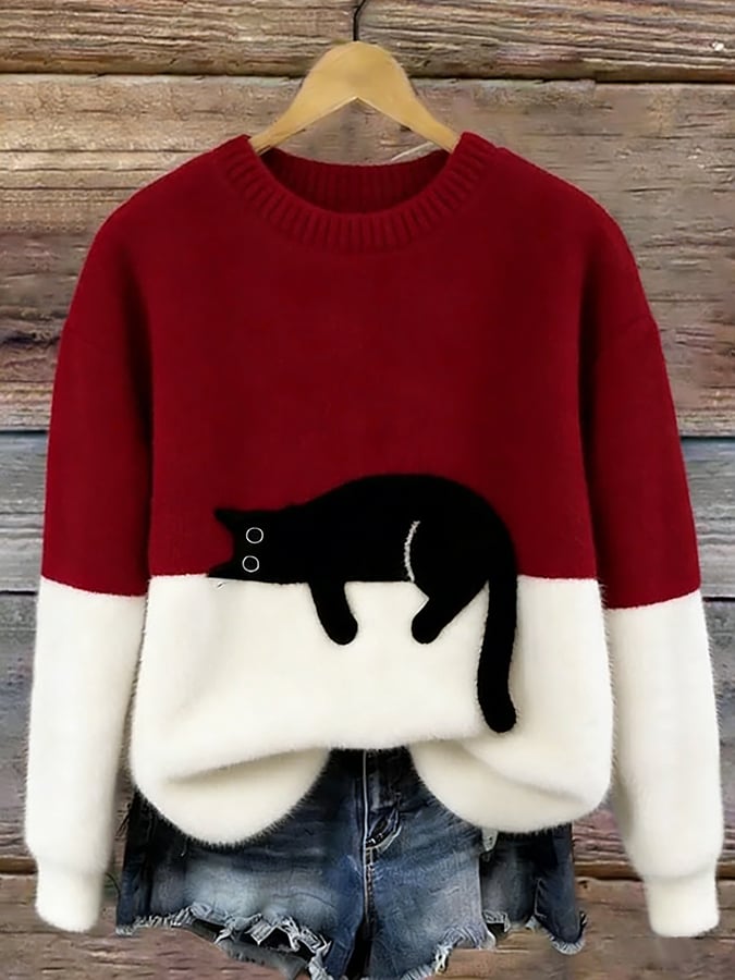Red cat print fuzzy sweater with white cuffs and hem