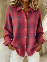 Burgundy plaid knit cardigan with button front, collared V-neck, long sleeves, ribbed cuffs