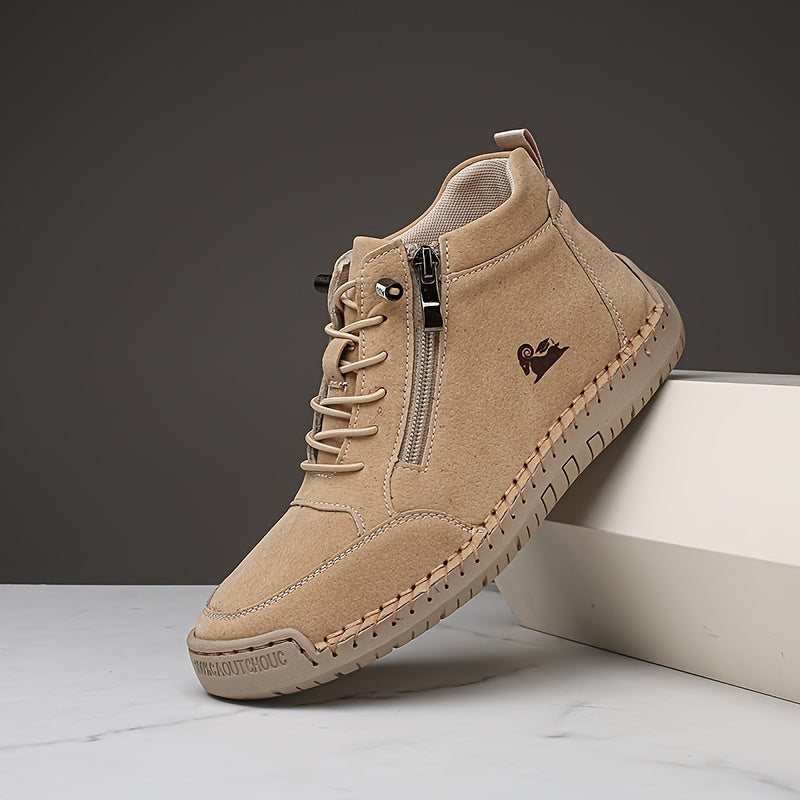 Beige ergonomic support sneakers with lace-up front and side zipper