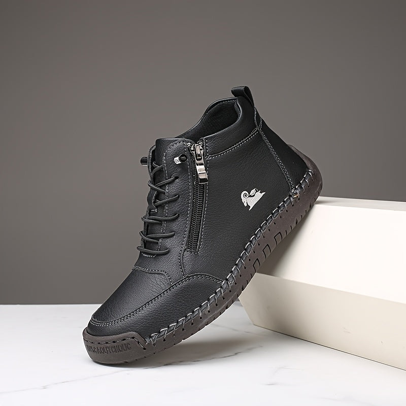 Black ergonomic support sneaker with lace-up front, side zipper, and textured rubber sole