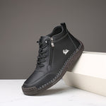 Black ergonomic support sneaker with lace-up front, side zipper, and textured rubber sole