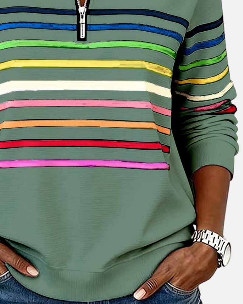 Green rainbow-striped quarter-zip sweatshirt with striped yoke and ribbed cuffs