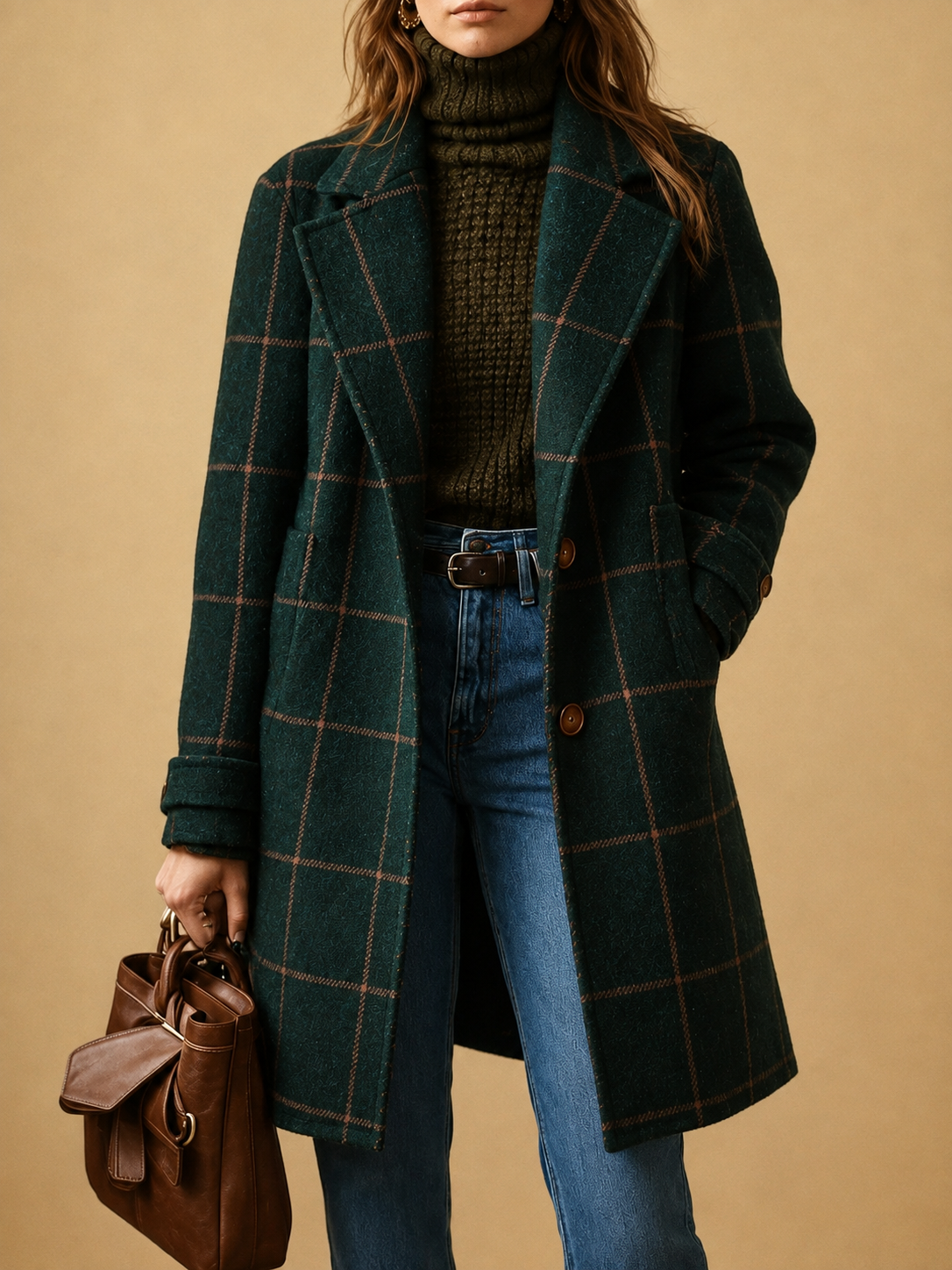 Green plaid wool coat with patch pockets and button front