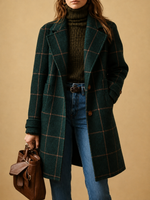 Green plaid wool coat with patch pockets and button front