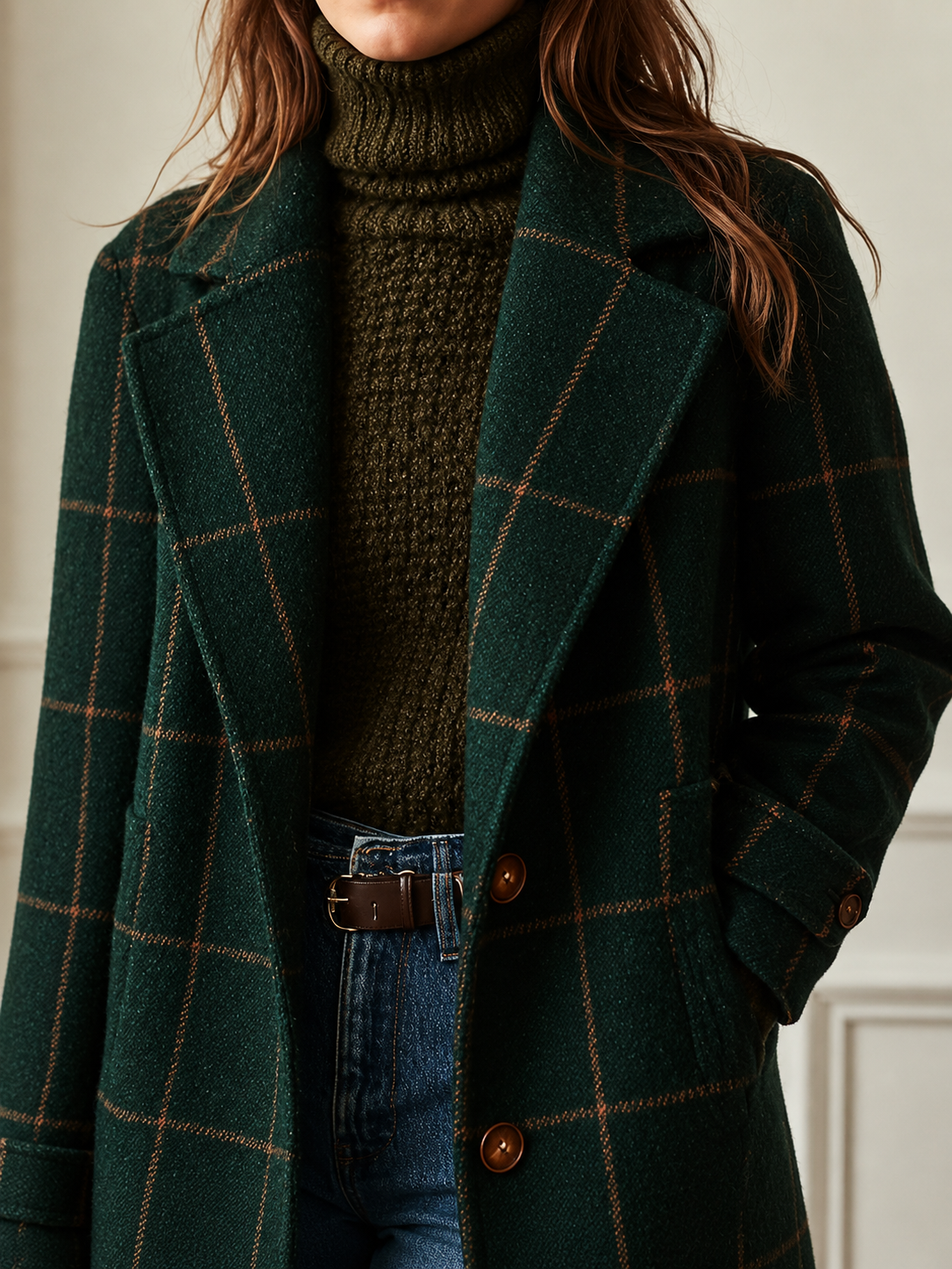 Green plaid wool coat lapels with button details