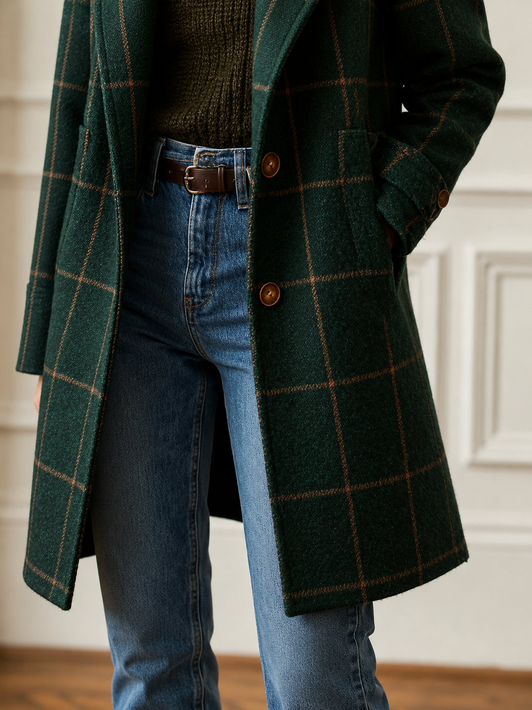 Green plaid wool coat front with brown buttons and side pockets