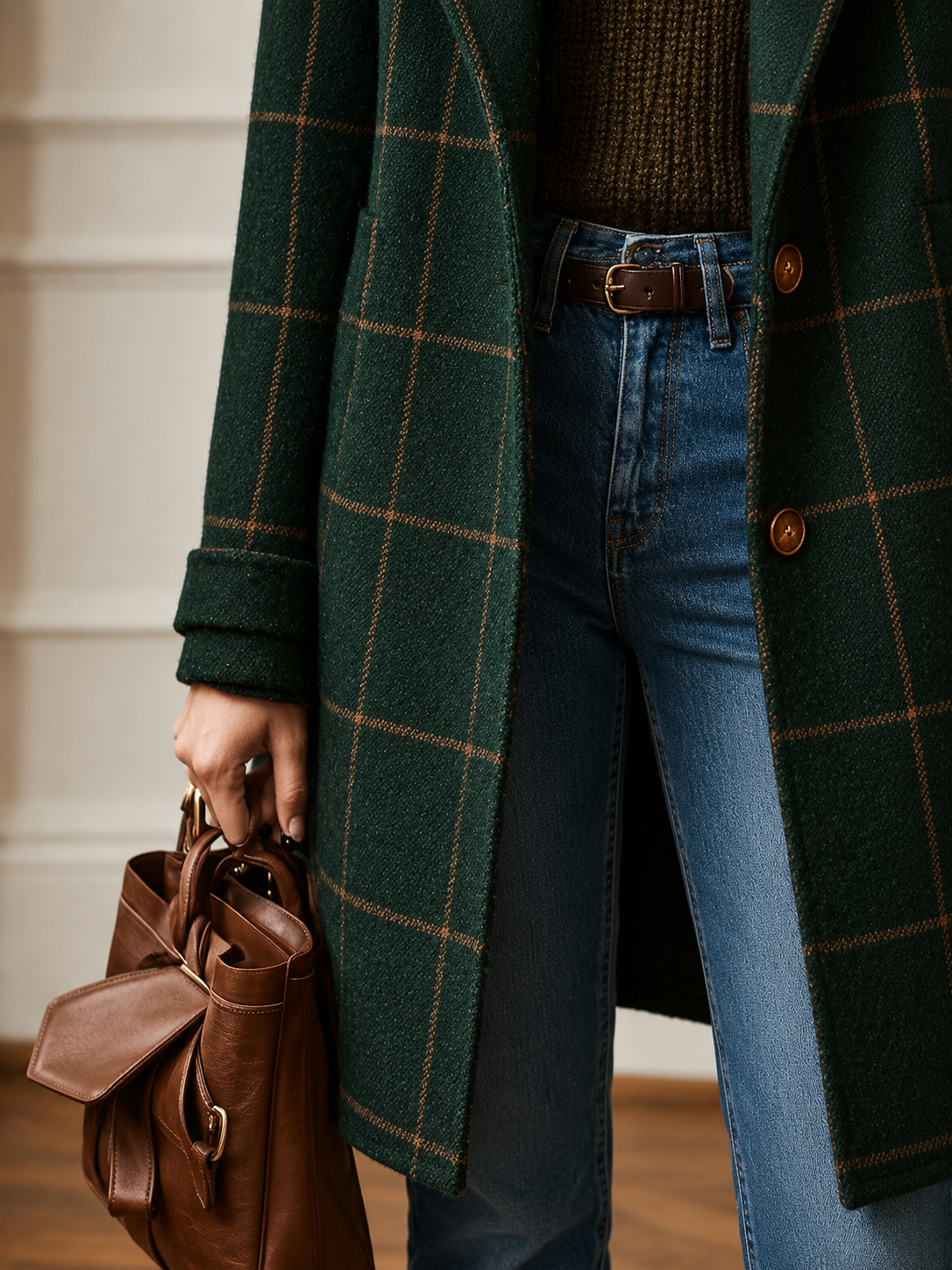 Green plaid wool coat hem and side pockets over blue jeans