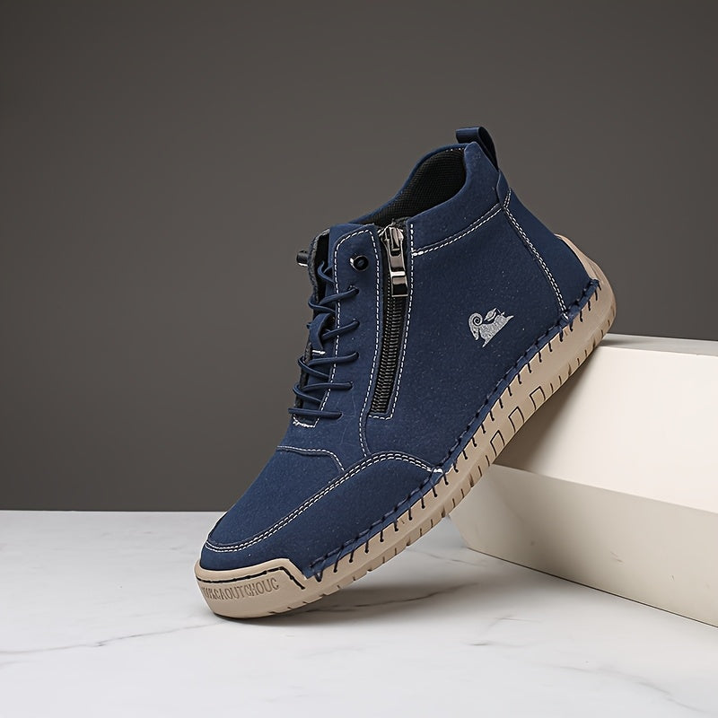 Navy ergonomic support sneakers with lace-up front and side zipper