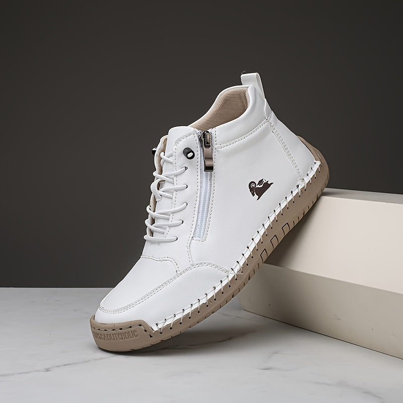 White ergonomic support sneakers with lace-up front and side zipper
