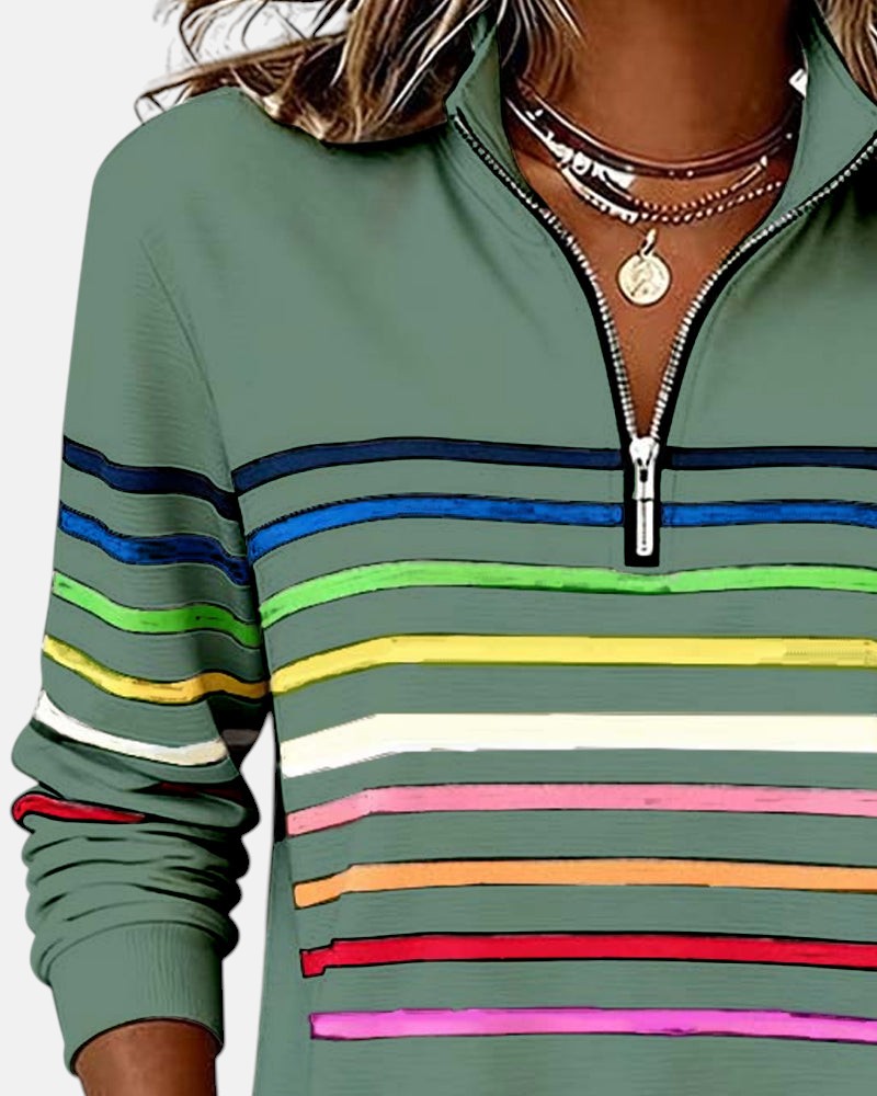 Green rainbow-striped quarter-zip sweatshirt with front zipper detail