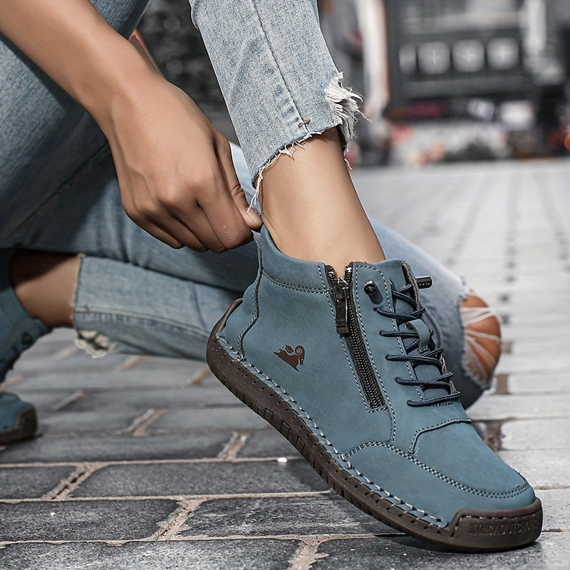 Light blue ergonomic support sneaker on sidewalk; lace-up front and side zipper