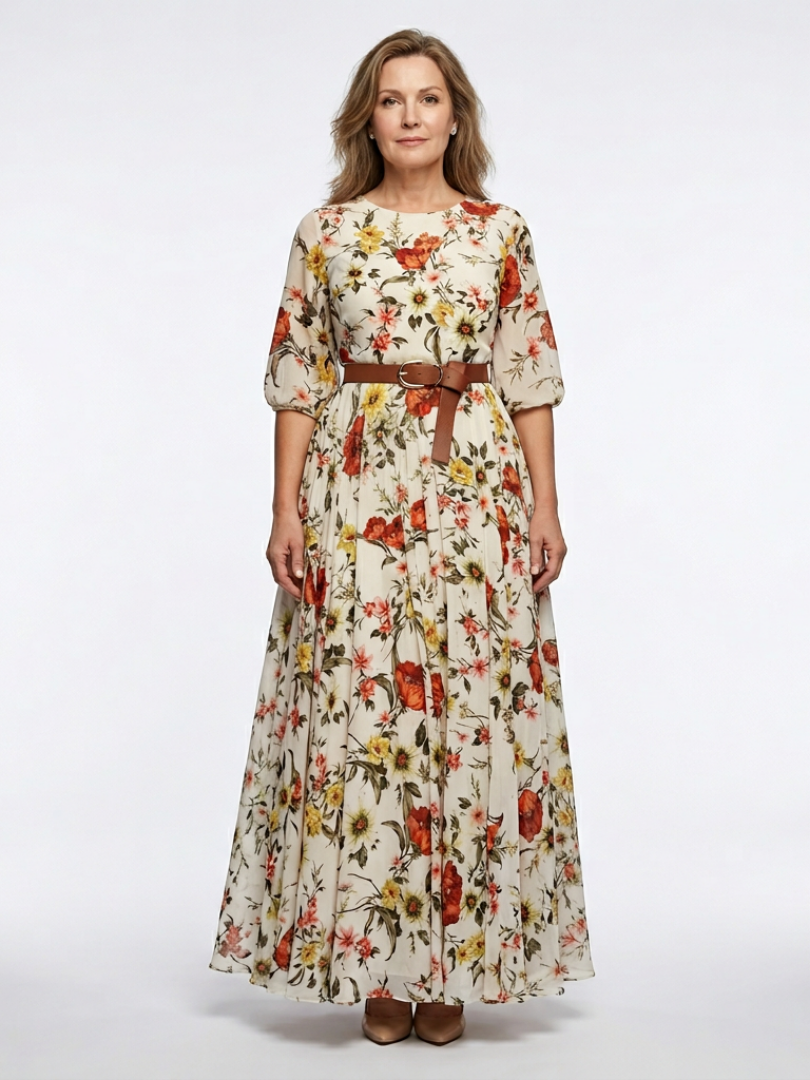 Floral belted maxi dress with round neck, three-quarter sleeves, and tiered skirt