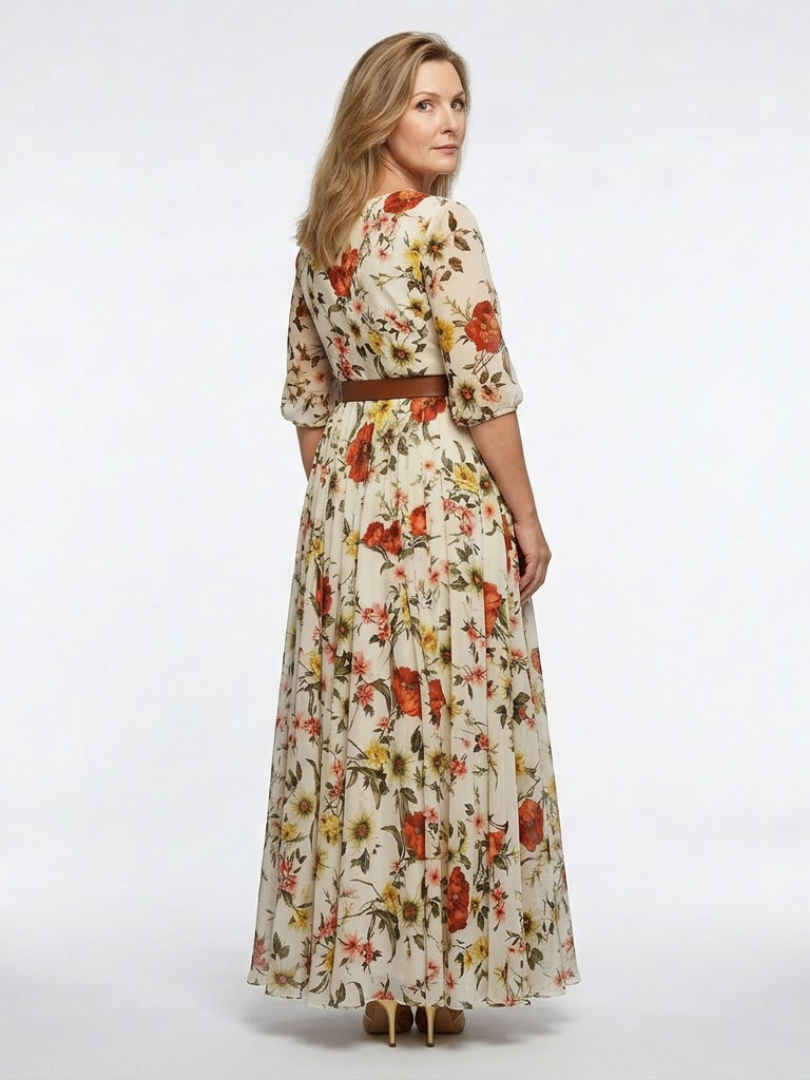 Floral belted maxi dress in cream with round neck and three-quarter sleeves, side view