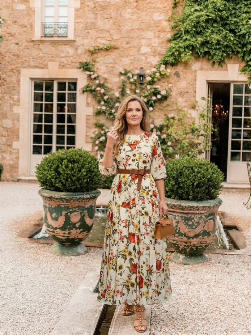 Floral belted maxi dress with round neck and three-quarter sleeves, full-length front view