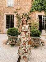 Floral belted maxi dress with round neck and three-quarter sleeves, full-length front view