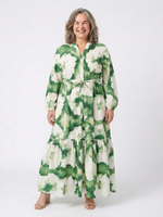 Green watercolor floral V-neck tiered maxi dress with long sleeves and tie belt
