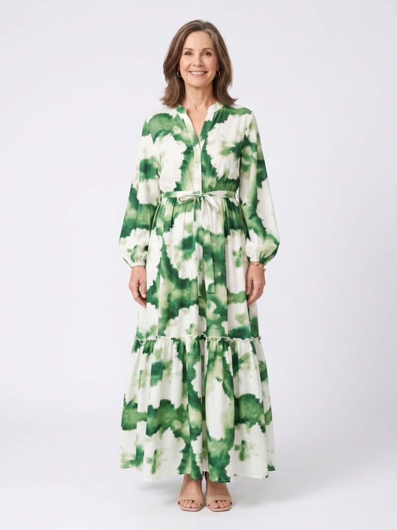 Green and white tie-waist tiered maxi dress with long sleeves and V-neck