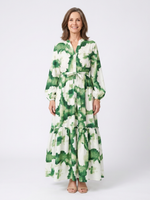 Green and white tie-waist tiered maxi dress with long sleeves and V-neck