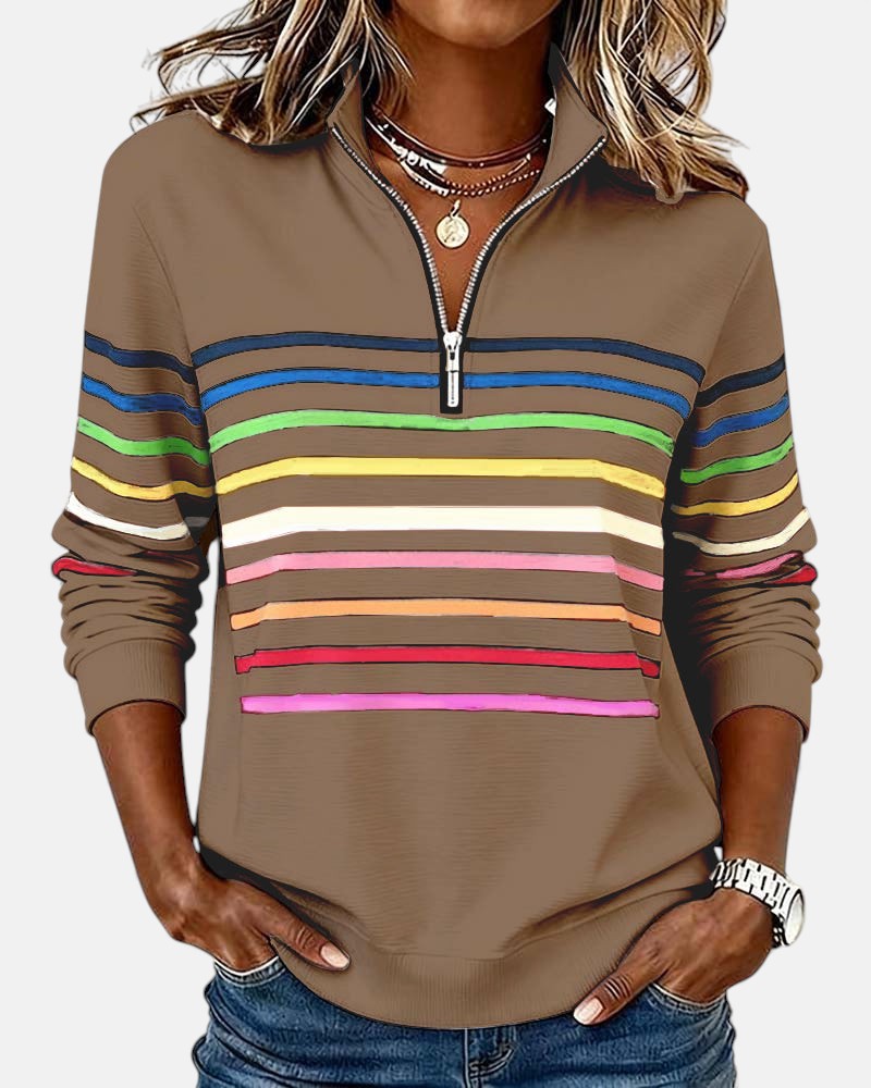 Khaki rainbow-striped quarter-zip sweatshirt with ribbed cuffs and collar