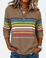 Khaki rainbow-striped quarter-zip sweatshirt with ribbed cuffs and collar