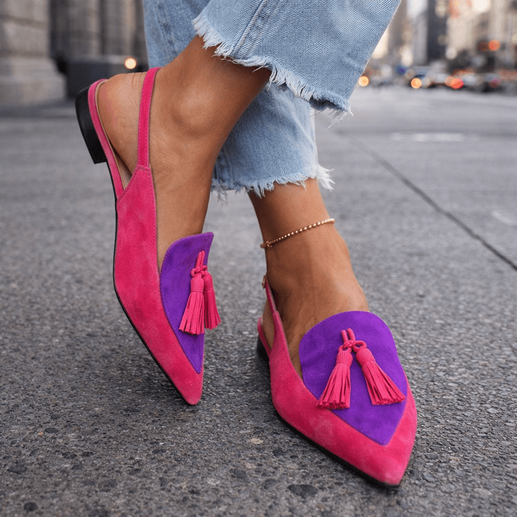 Fuchsia and purple suede fringe strap sandals with tassel accents