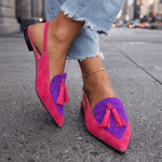 Fuchsia and purple suede fringe strap sandals with tassel accents