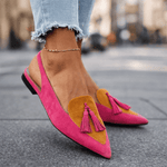 Pink suede fringe strap sandals with tan suede insets and pink tassel detailing