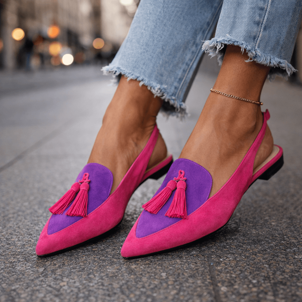 Purple and pink suede fringe strap sandals with tassels and low heel