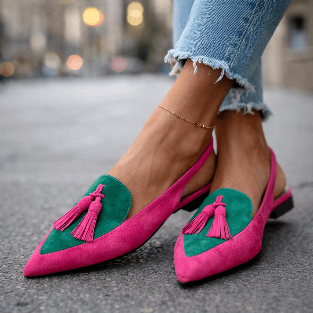 Pink suede fringe strap sandals with green insets and fuchsia tassel details