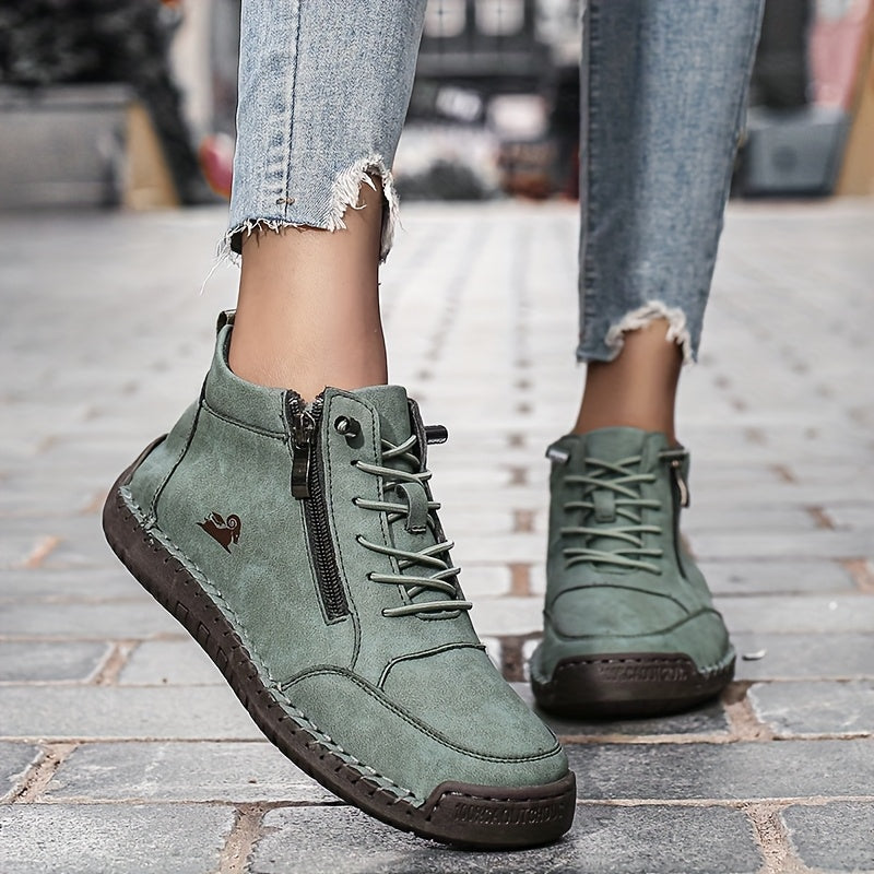 Dark green suede ergonomic support sneaker with lace-up front and side zipper