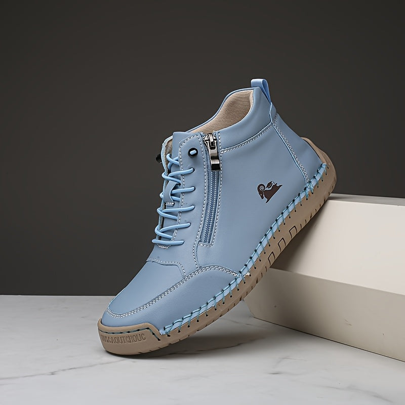 Sky blue ergonomic support sneakers with lace-up front and side zipper