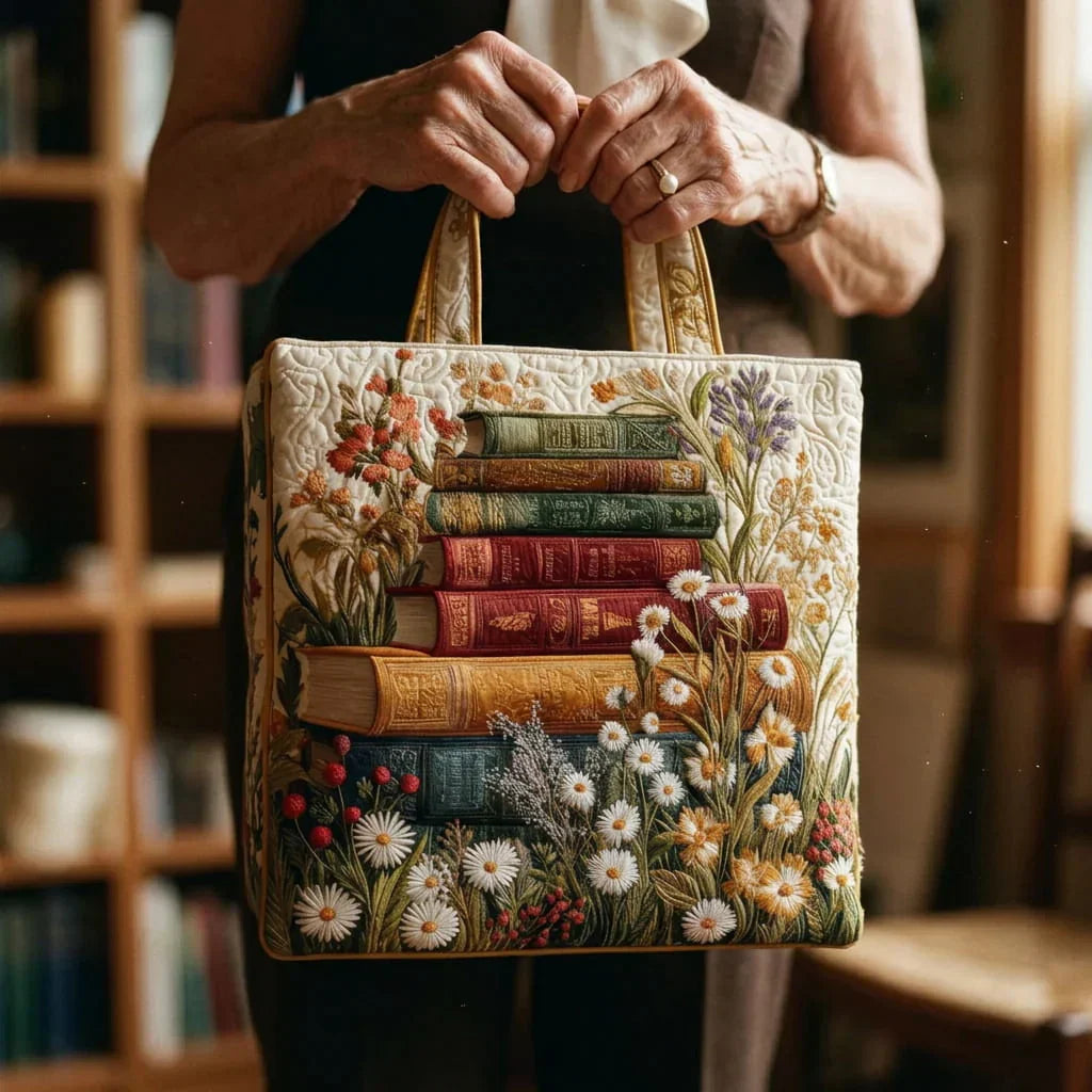 Quilted tote bag held by hands, floral and books motif on cream fabric with top handles