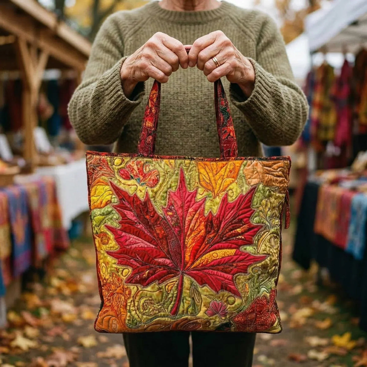 Multicolor maple leaf artisan tote bag held by person, with two fabric handles